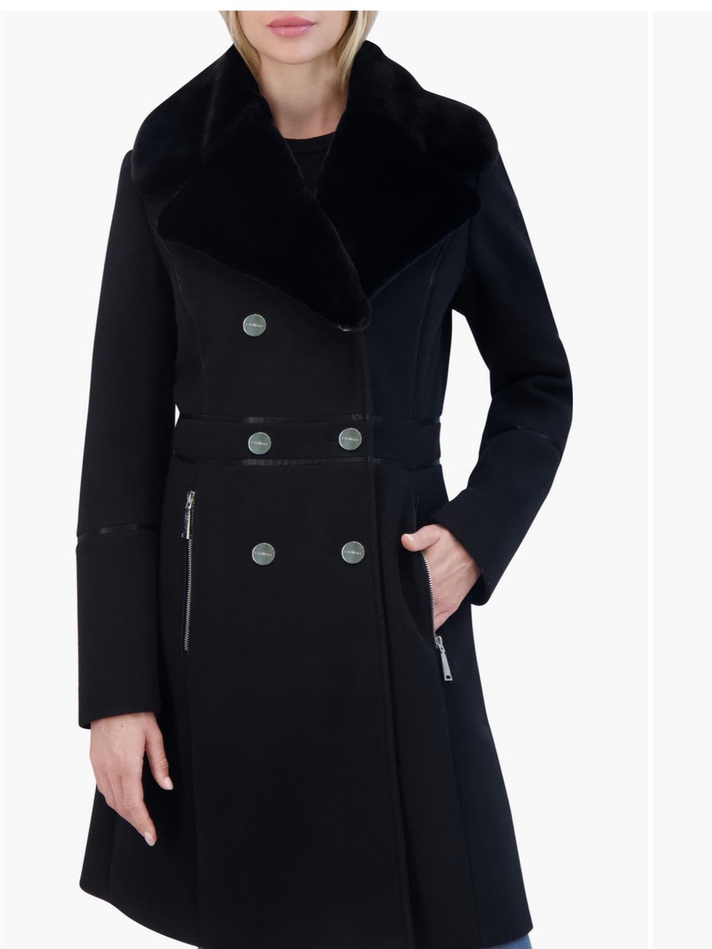 Laundry By Shelli Segal Black Double-Breasted Wool Pea Coat with Faux Fur Collar